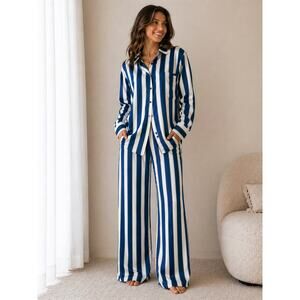 Ekouaer Blue Stripe Satin Pajama Set Button Down Wide Leg Loungewear Medium NWT